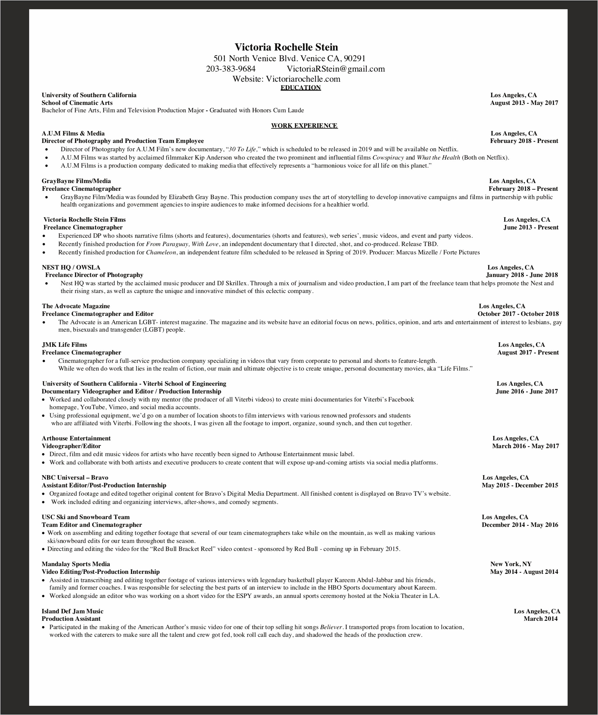 Objective For Resume For Cinematographer