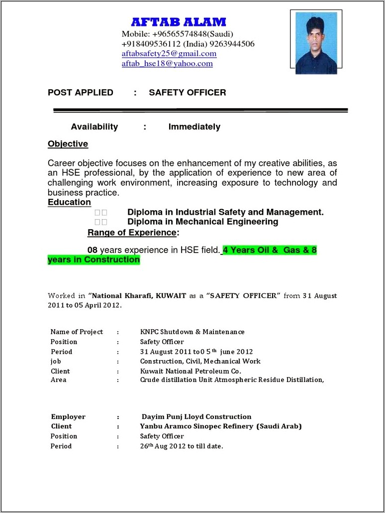 Objective For Safety Officer Resume