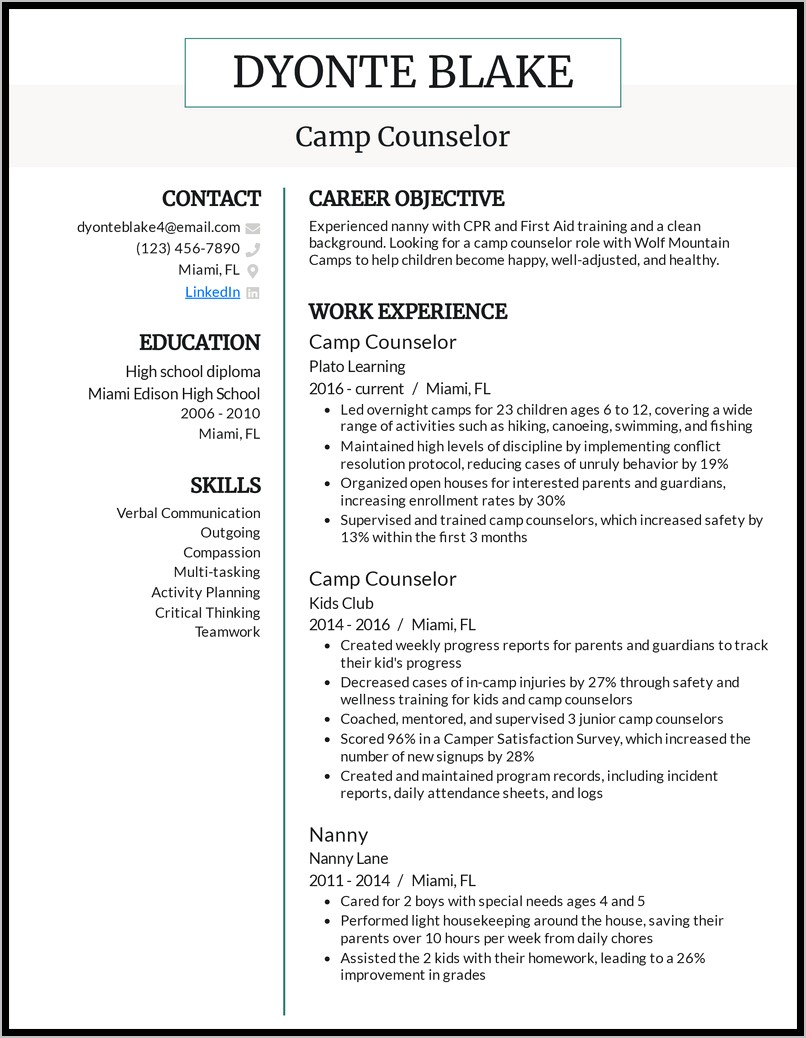 Objective For School Counselor Resume