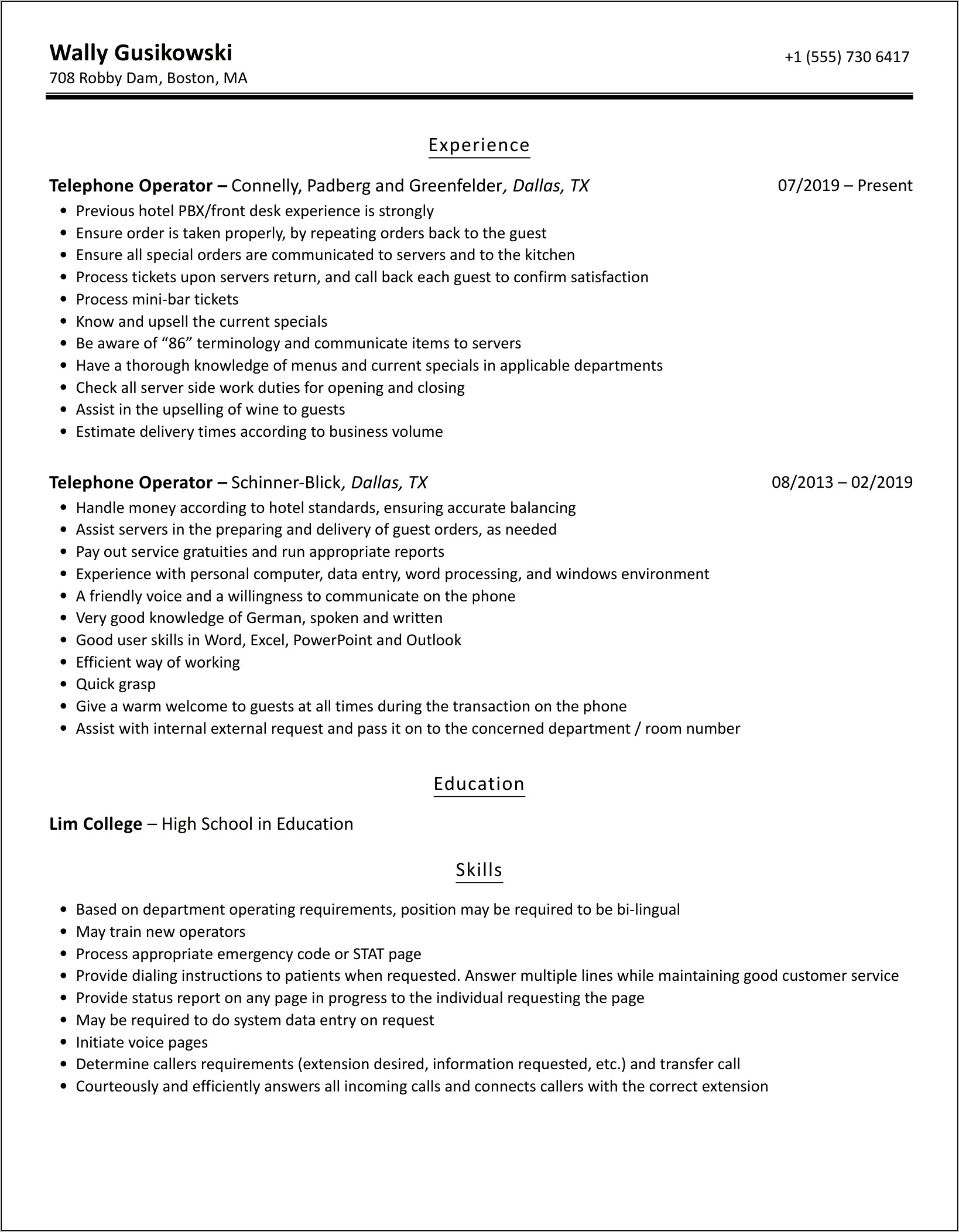 Objective For Telephone Operator Resume