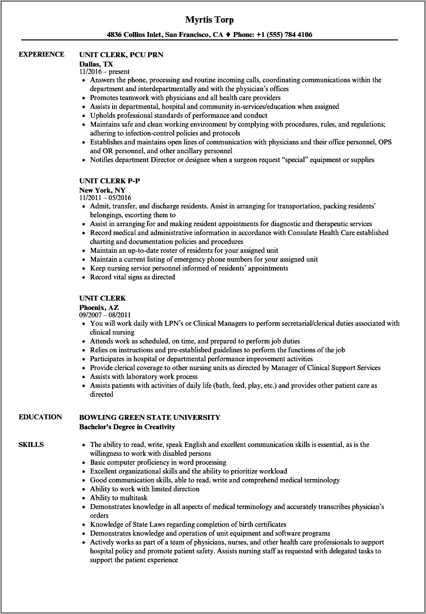 Objective For Unit Secretary Resume