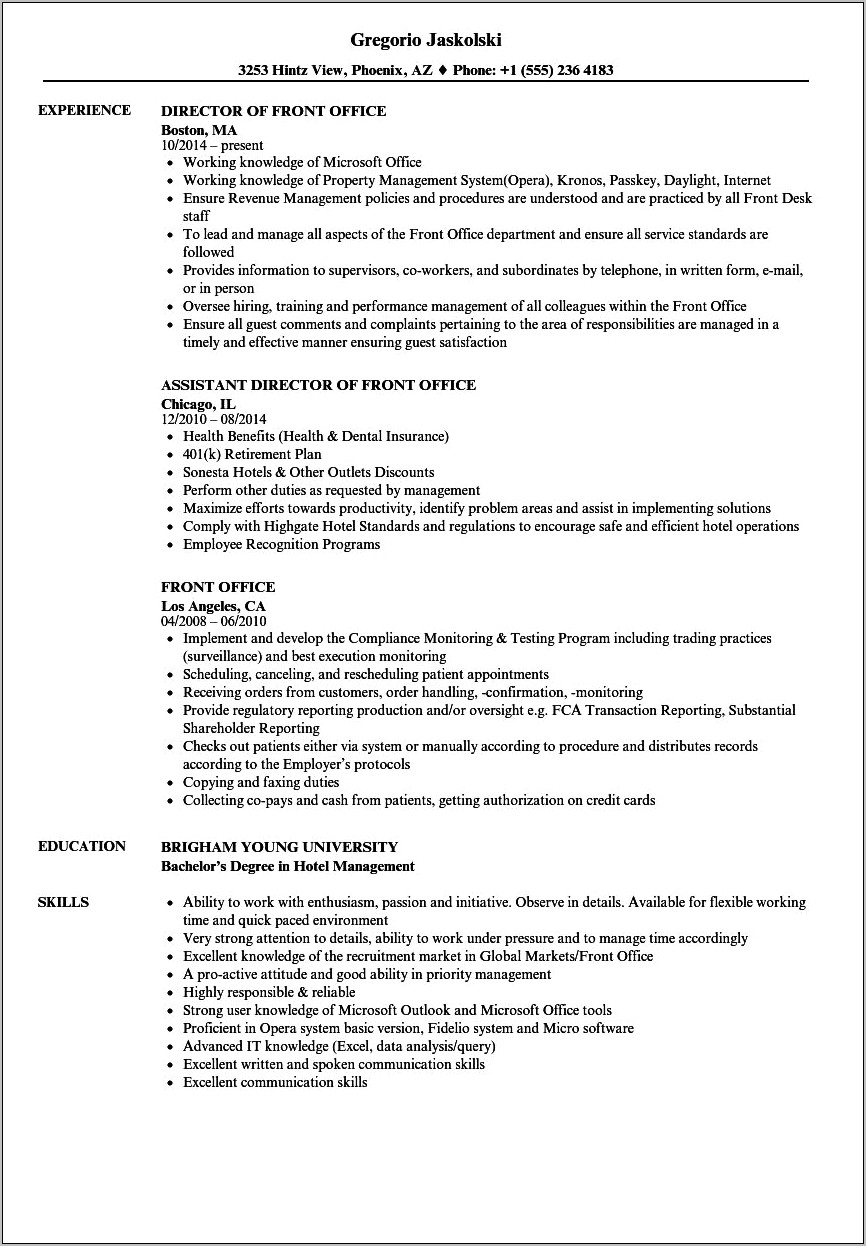 Objective Front Offfice Resume Sample