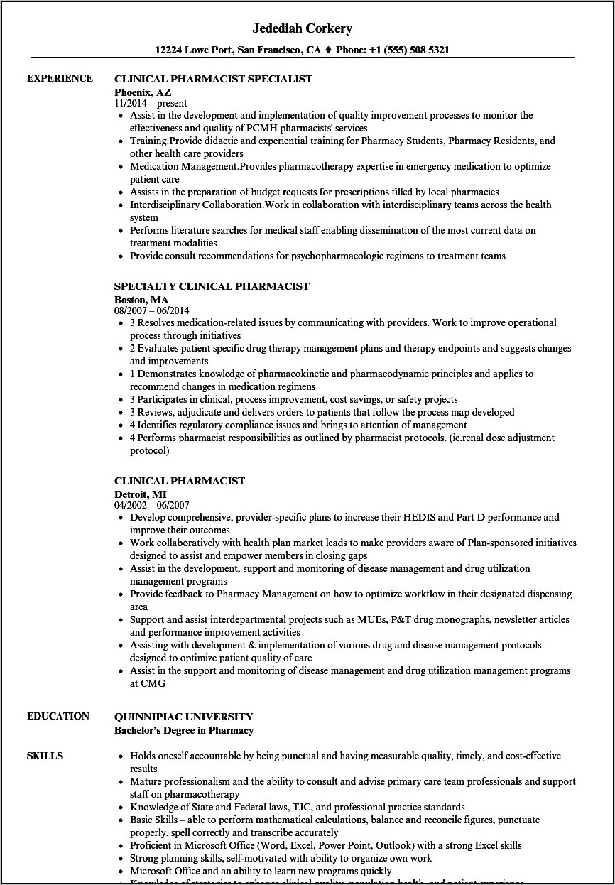 Objective Resume Examples For Pharmacist