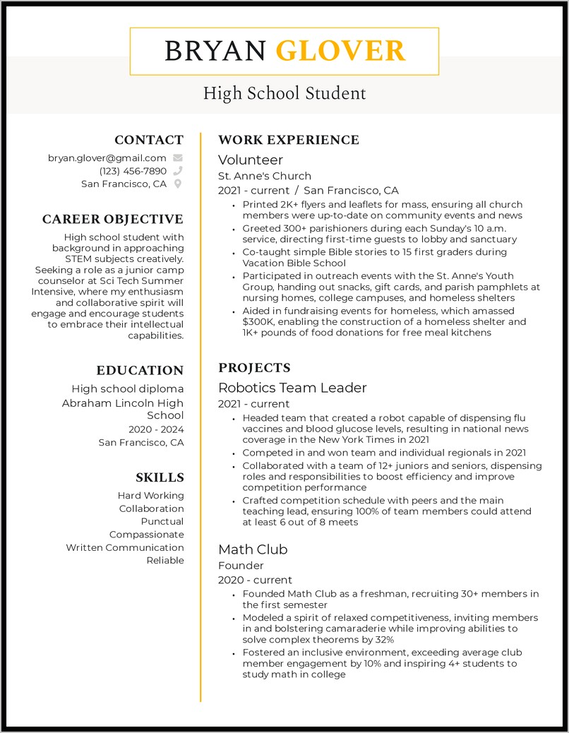 Objective Statement High School Resume