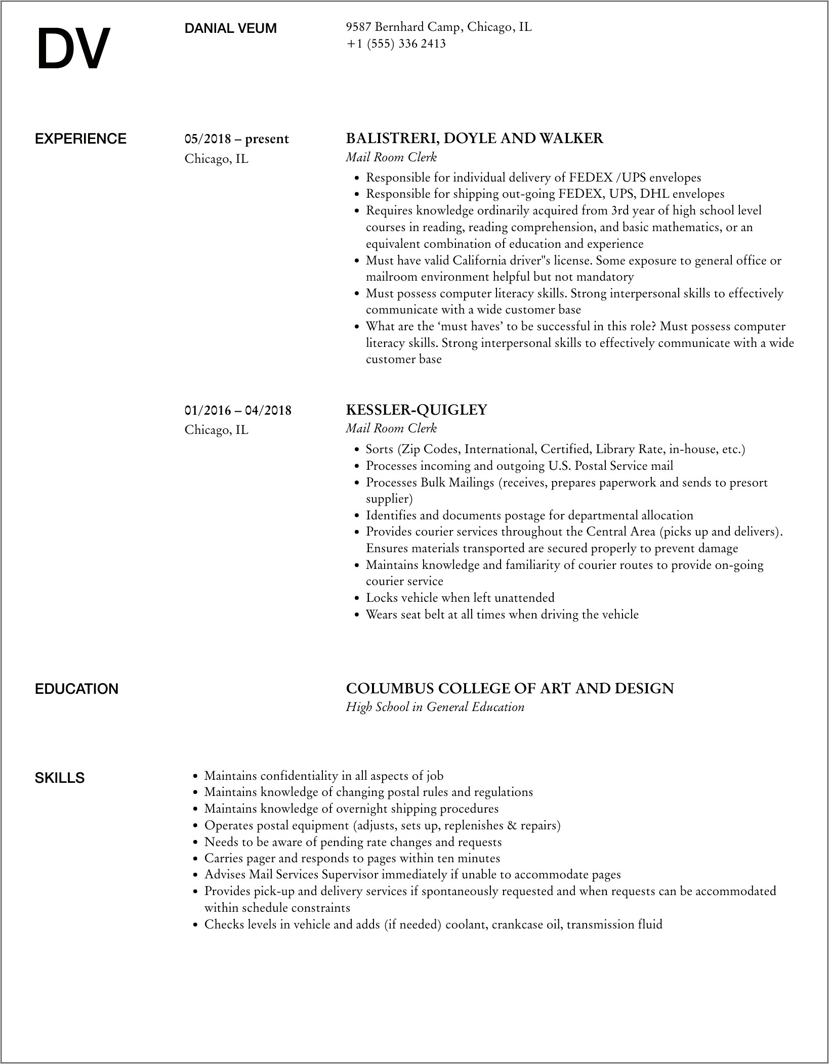 Objective Statement Resume Mailroom Clerk