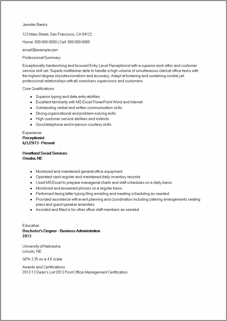Objective Summary For Receptionist Resume