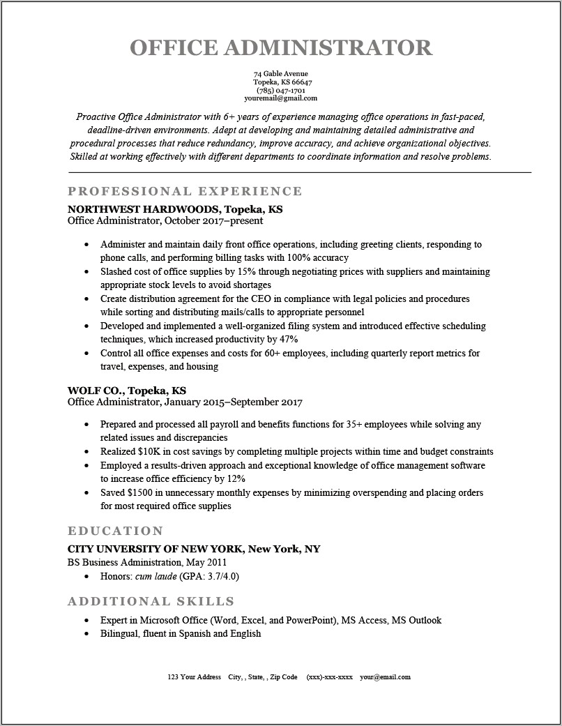 Objectives For A Administrative Resume