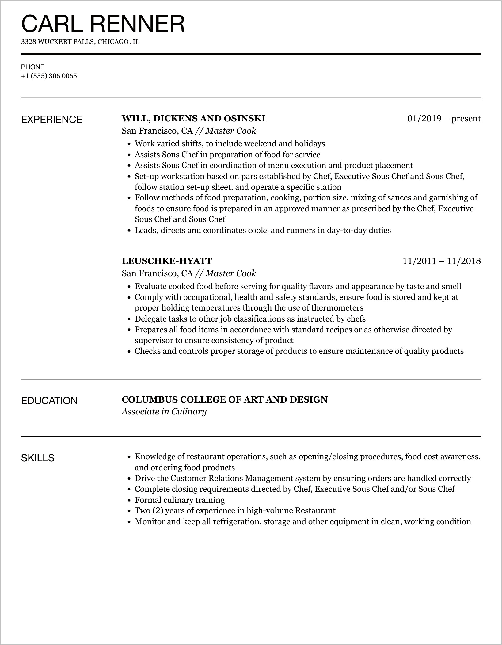 Objectives For A Cook Resume