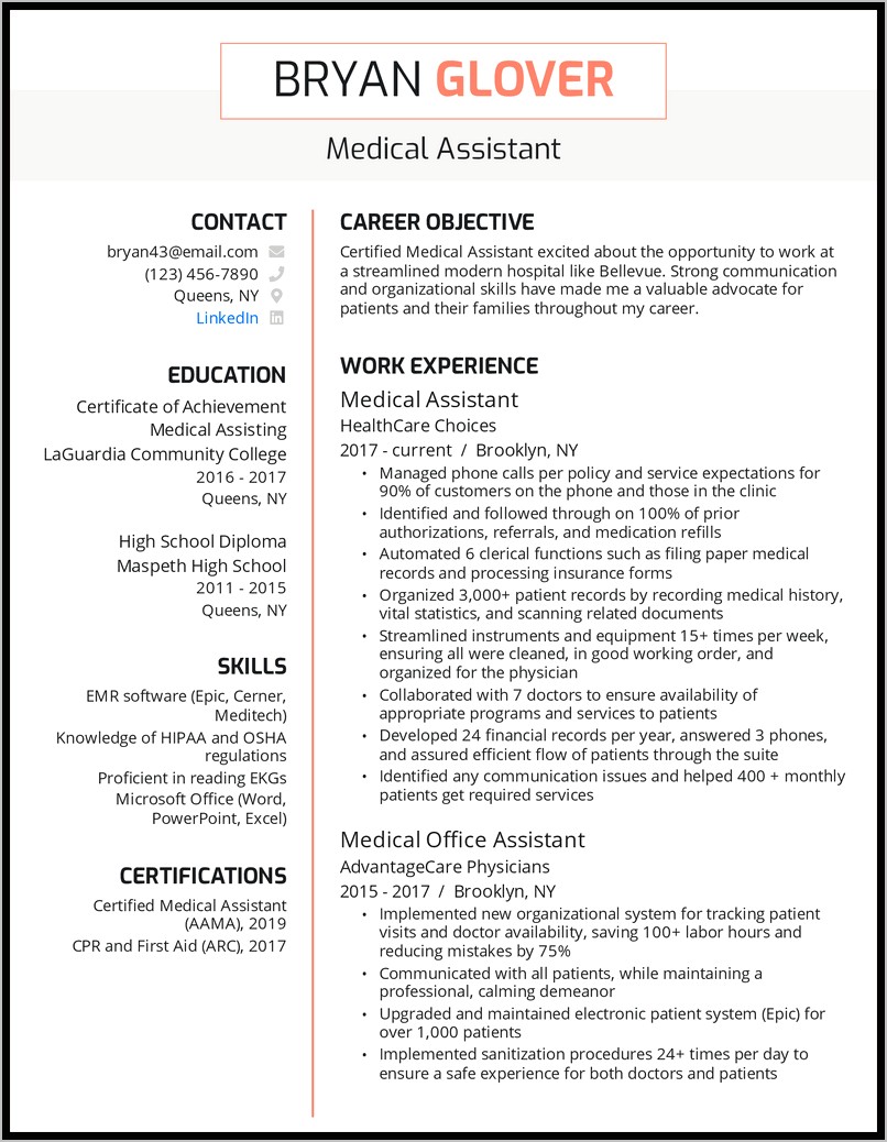 Objectives For Resumes For Medtechnician