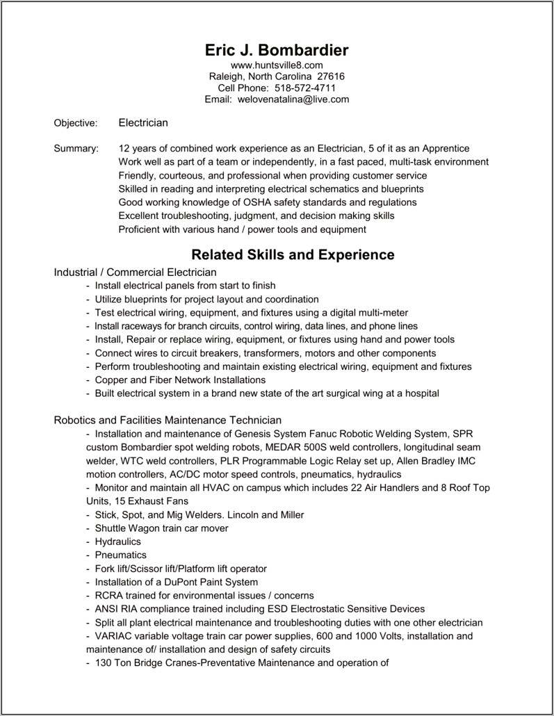 Objectives In An Resume Electrician