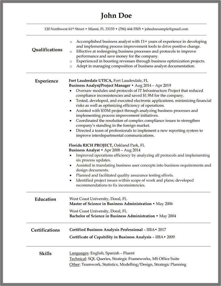 Ocd Business Analyst Sample Resume