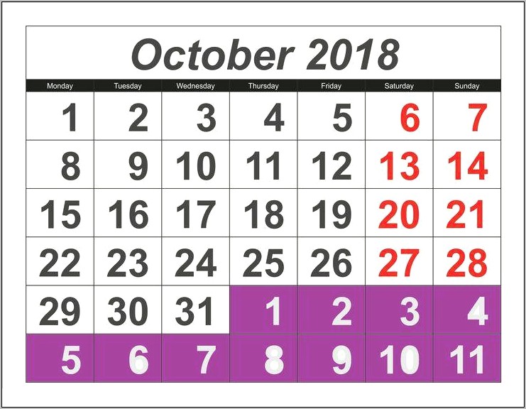 October 2019 Calendar Word Template Download