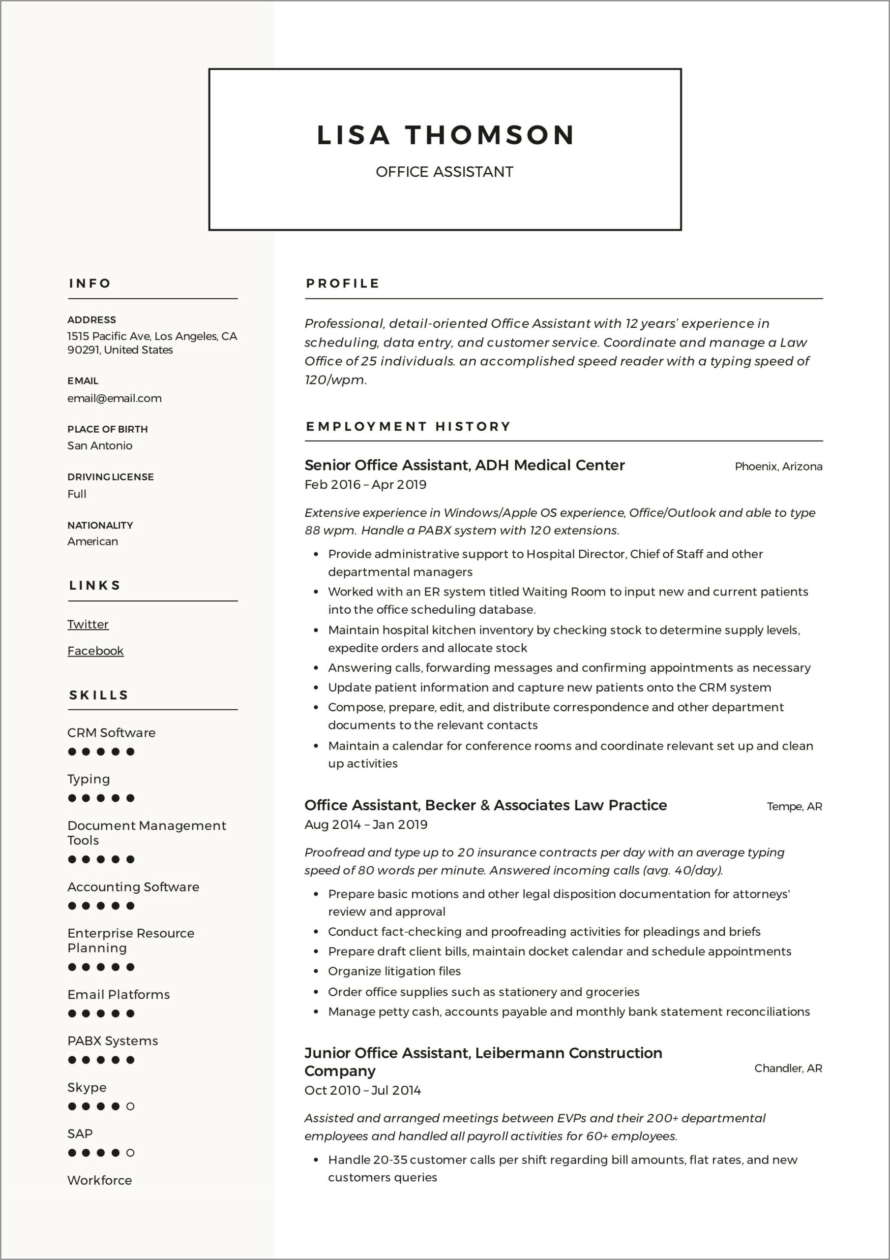 Office Assistant Resume Sample Word