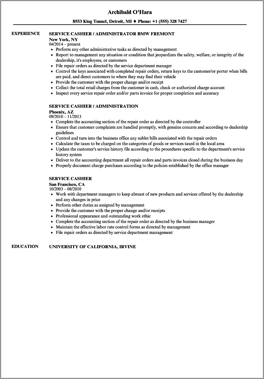 Office Cashier Job Description Resume