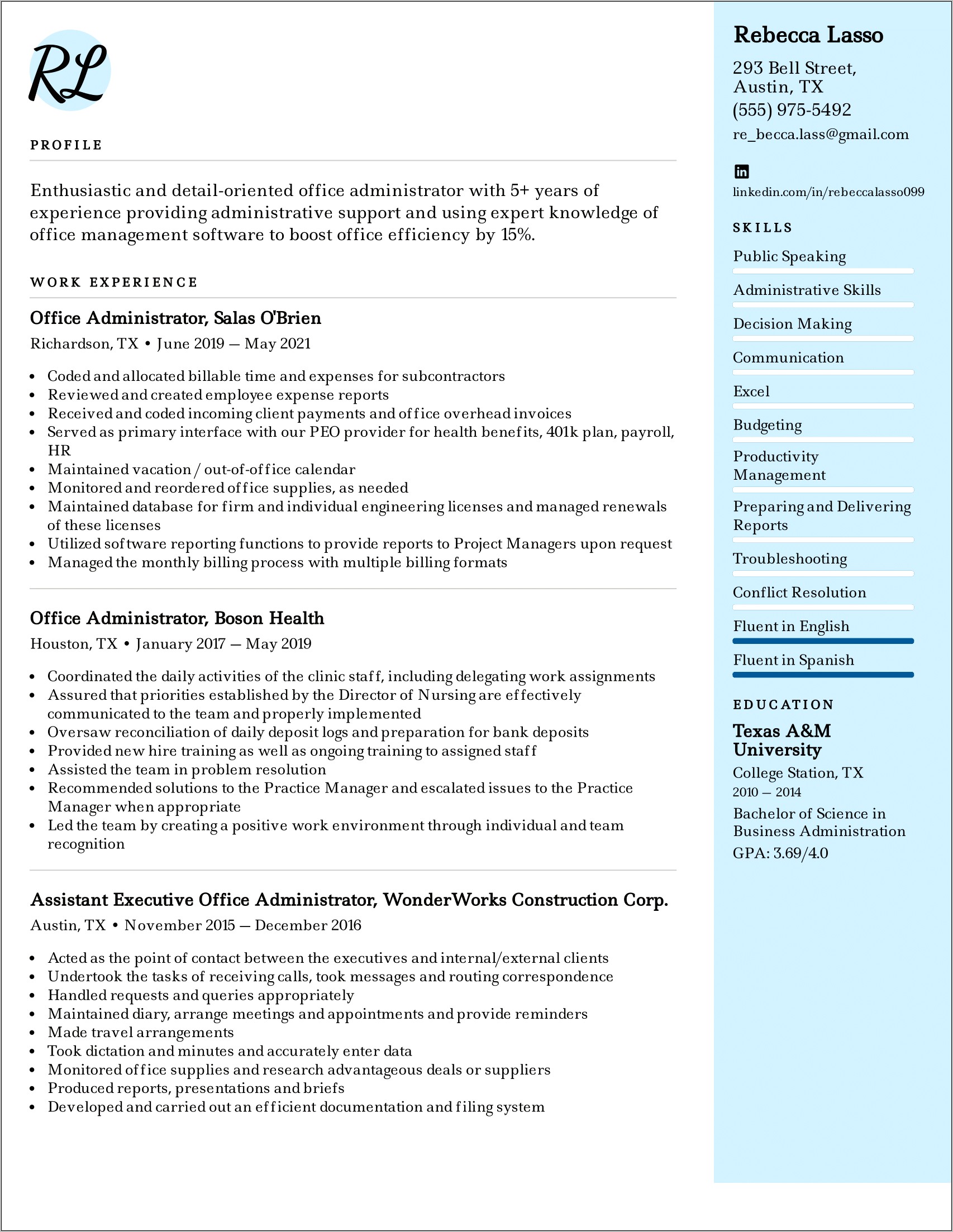 Office Manager Construction Office Resume
