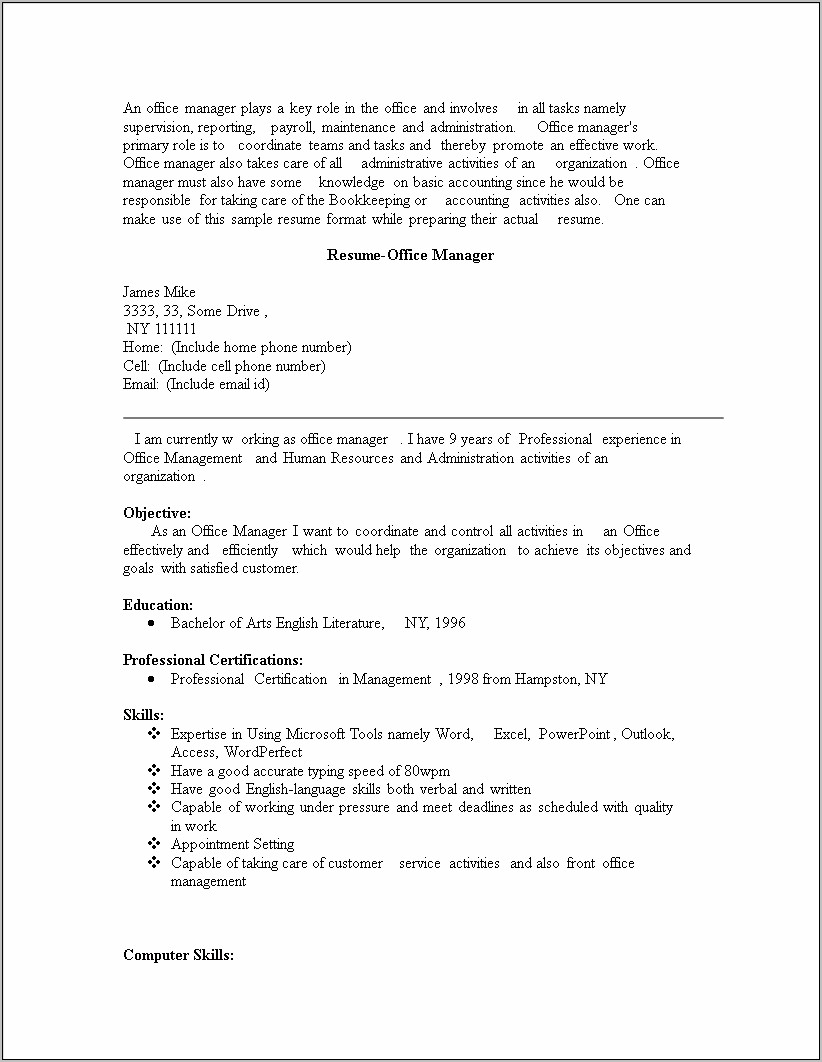 Office Manager On A Resume