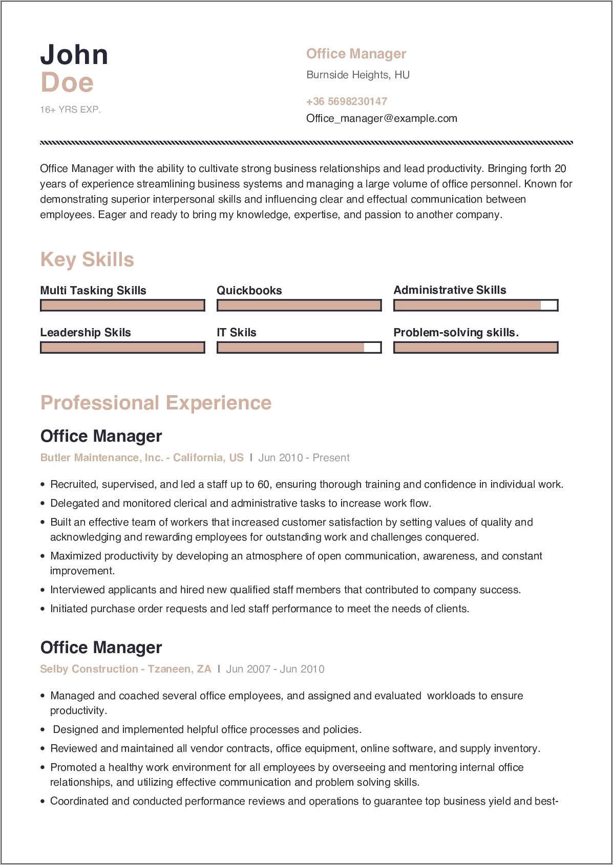 Office Manager Profile Resume Sample