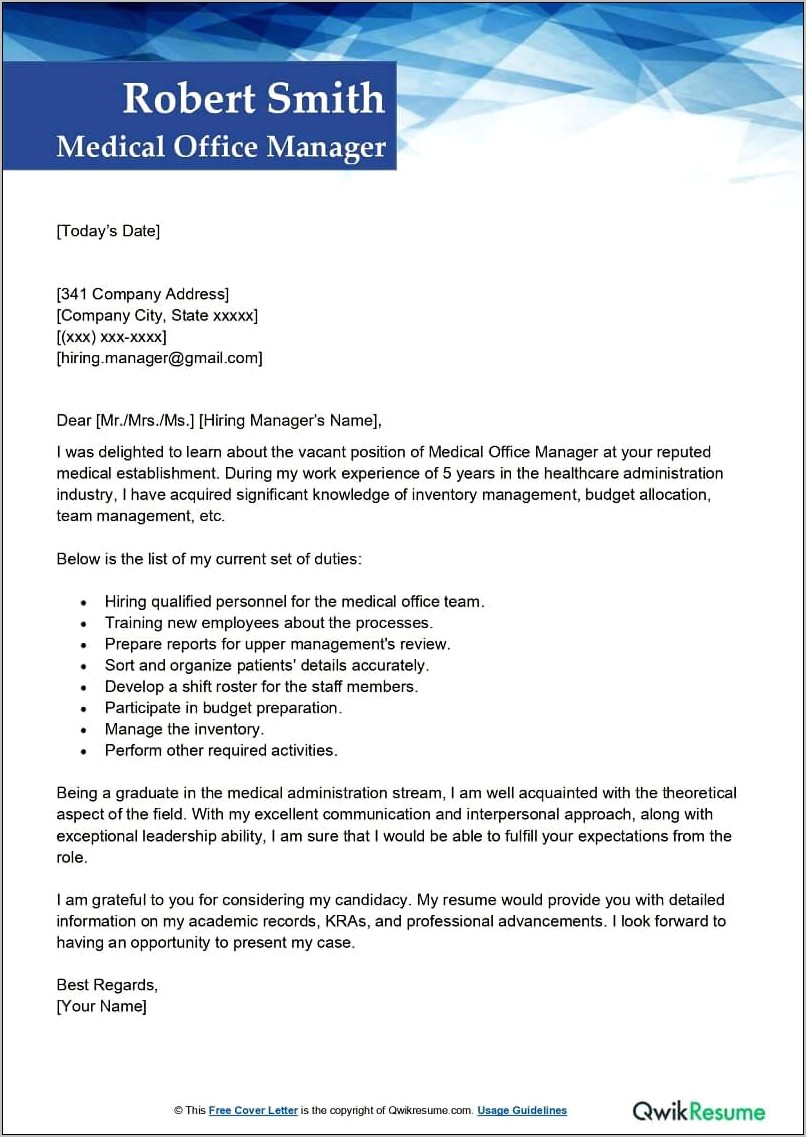 Office Manager Resume Cover Letter