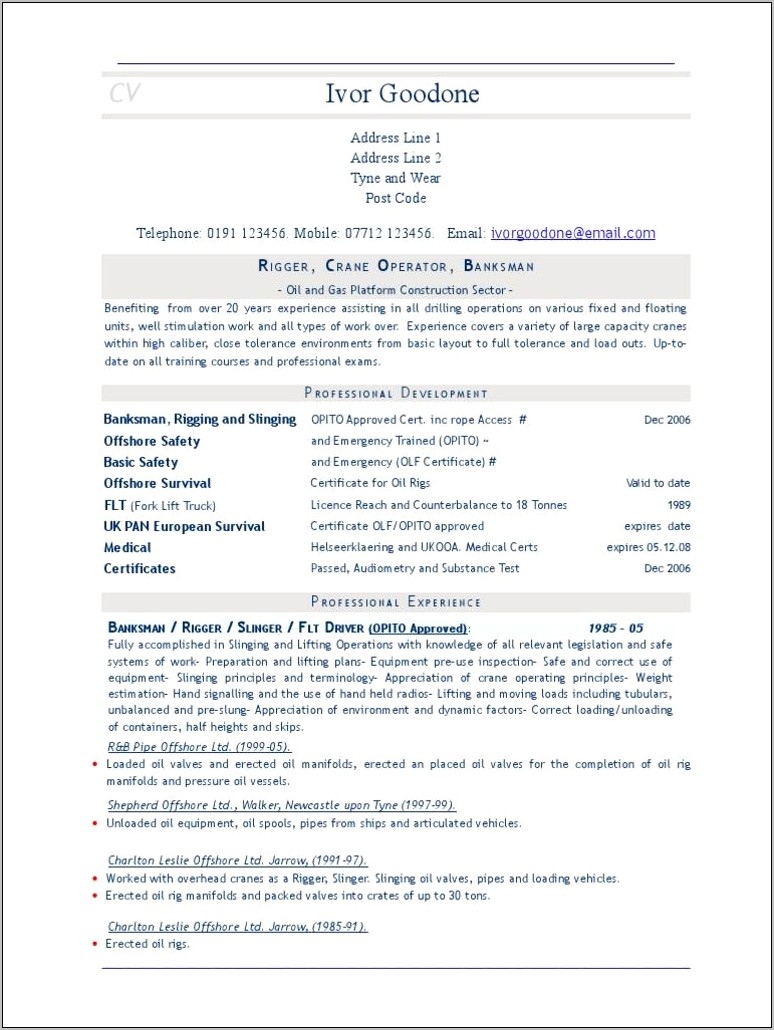 Oilfield Crane Operater Resume Sample