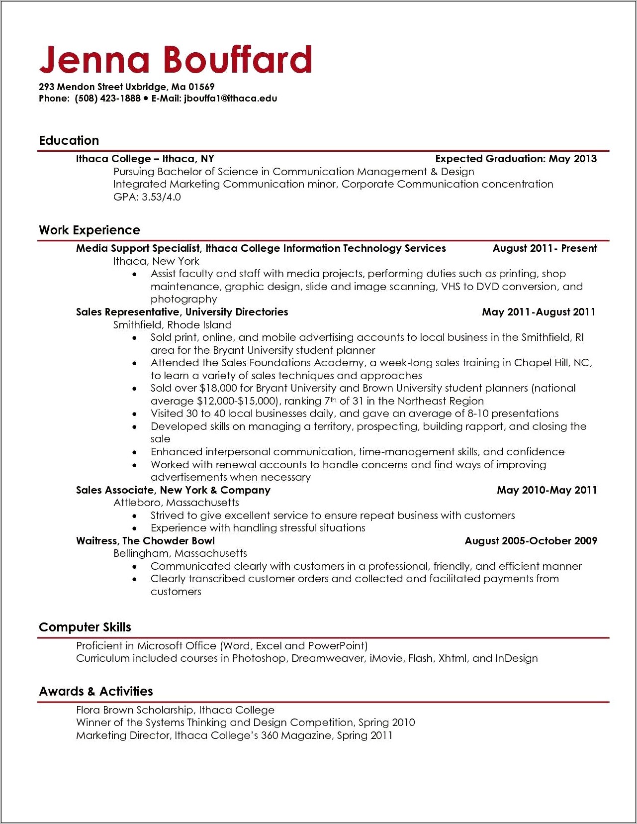 On Campus Job Resume Example