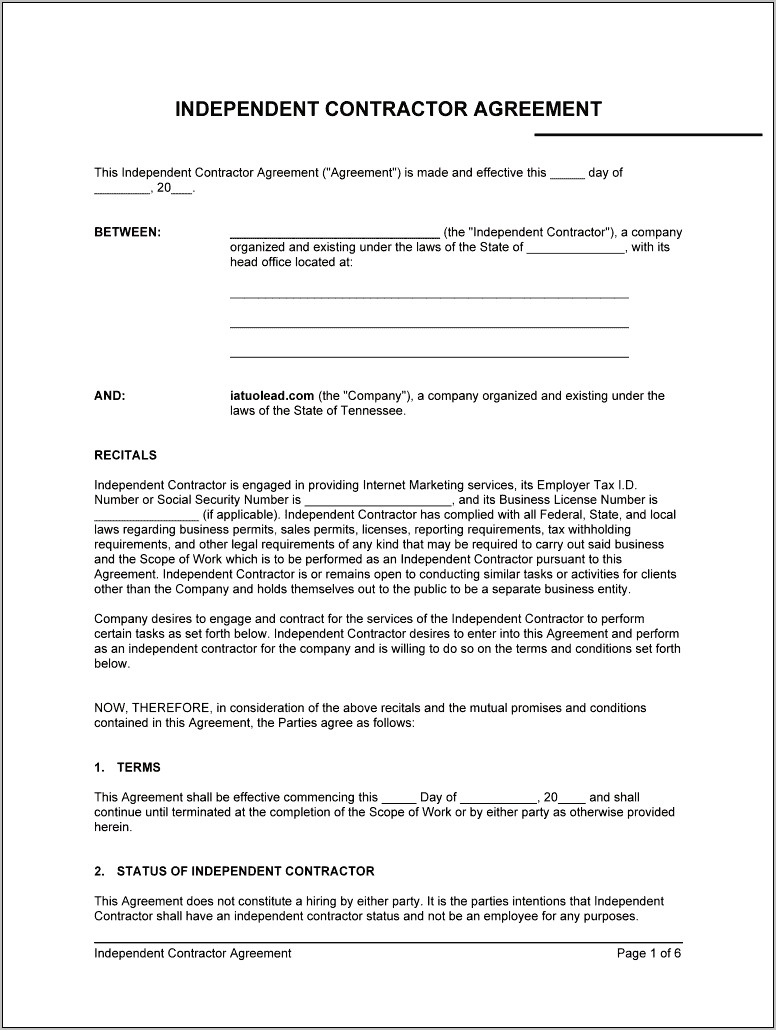 One Page Free Simple Contractor Agreement Template