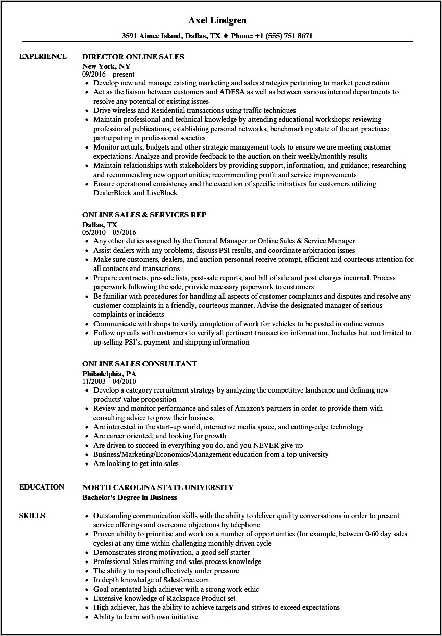 Online Sales Manager Resume Sample