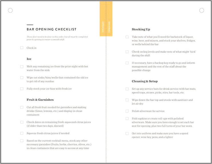 Opening And Free Closing Checklist Template Bar