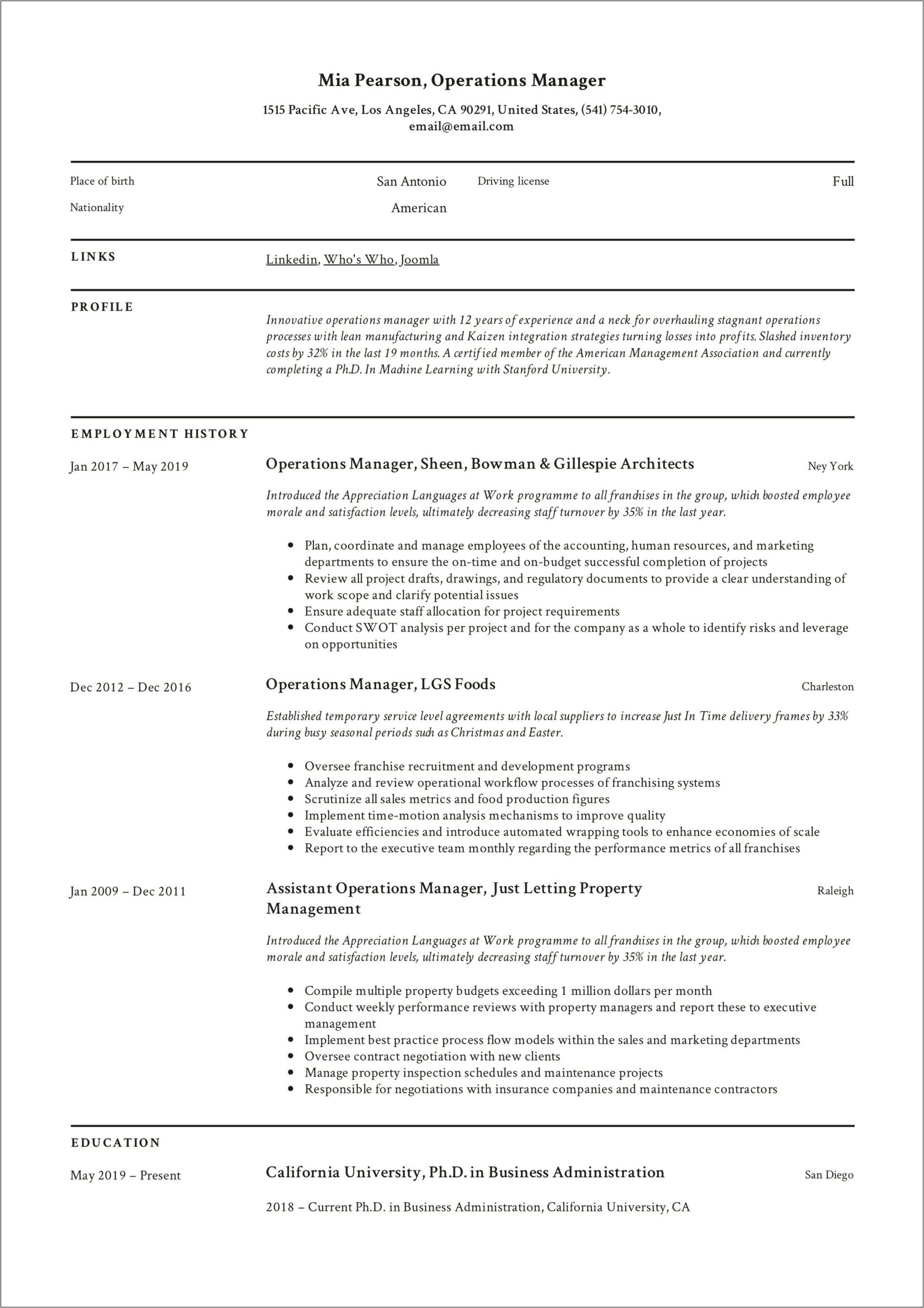 Operation Manager Description For Resume