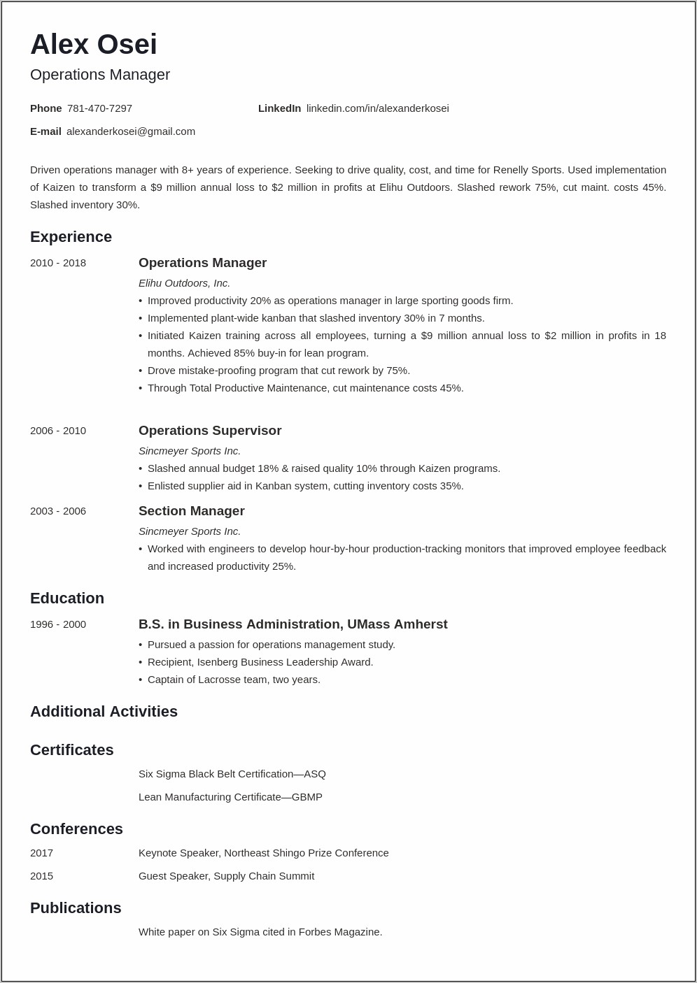 Operations Manager Resume Examples Uk