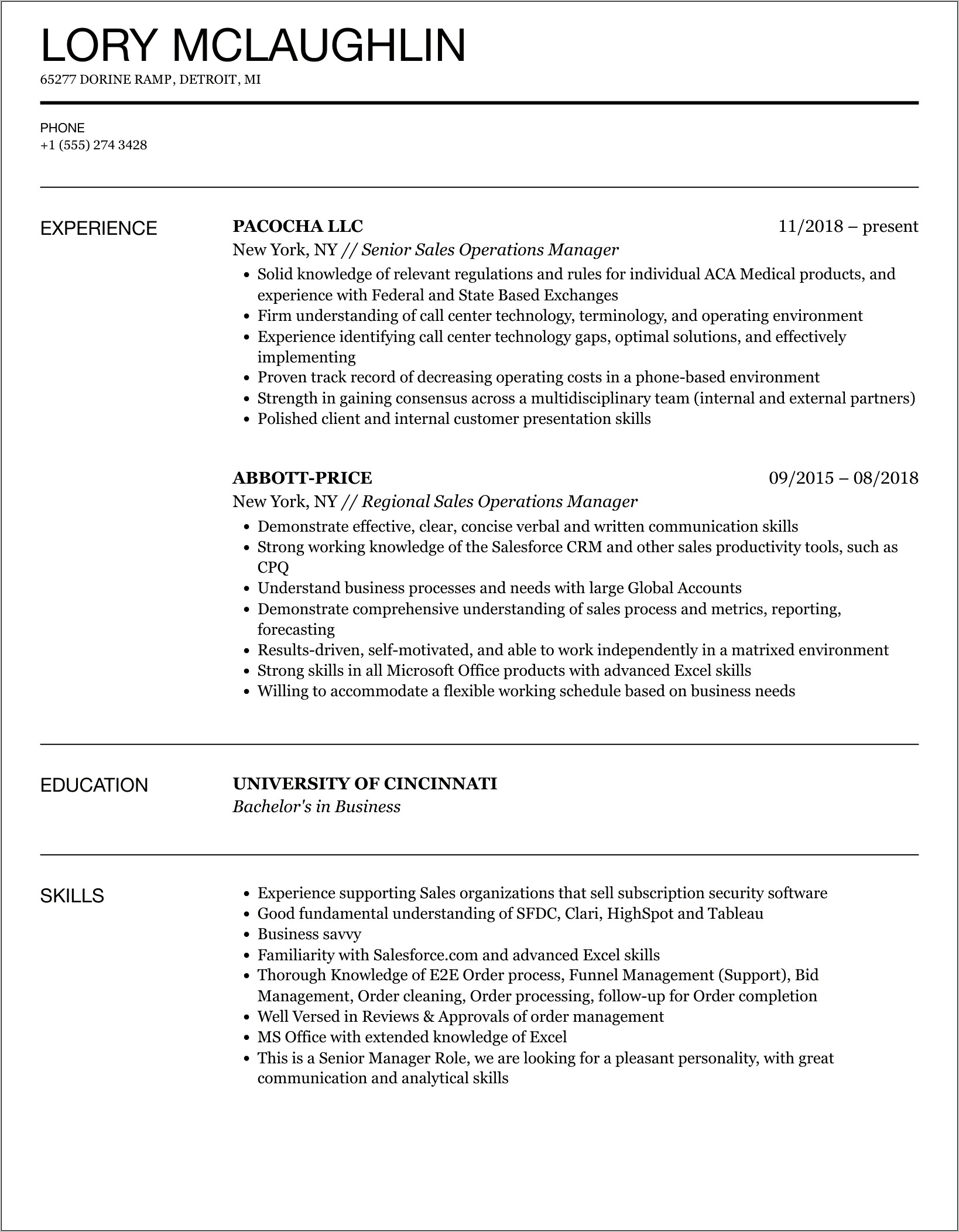 Opertions Manager Qualifications For Resume