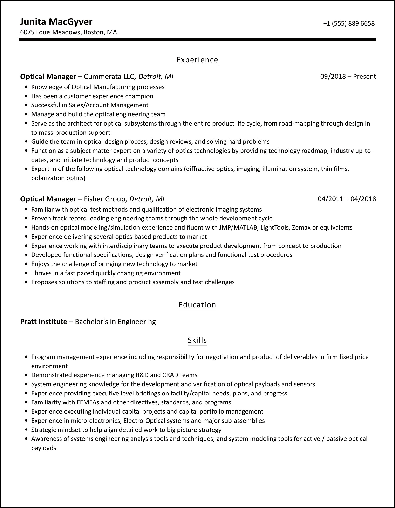 Optical Manager Skills For Resume