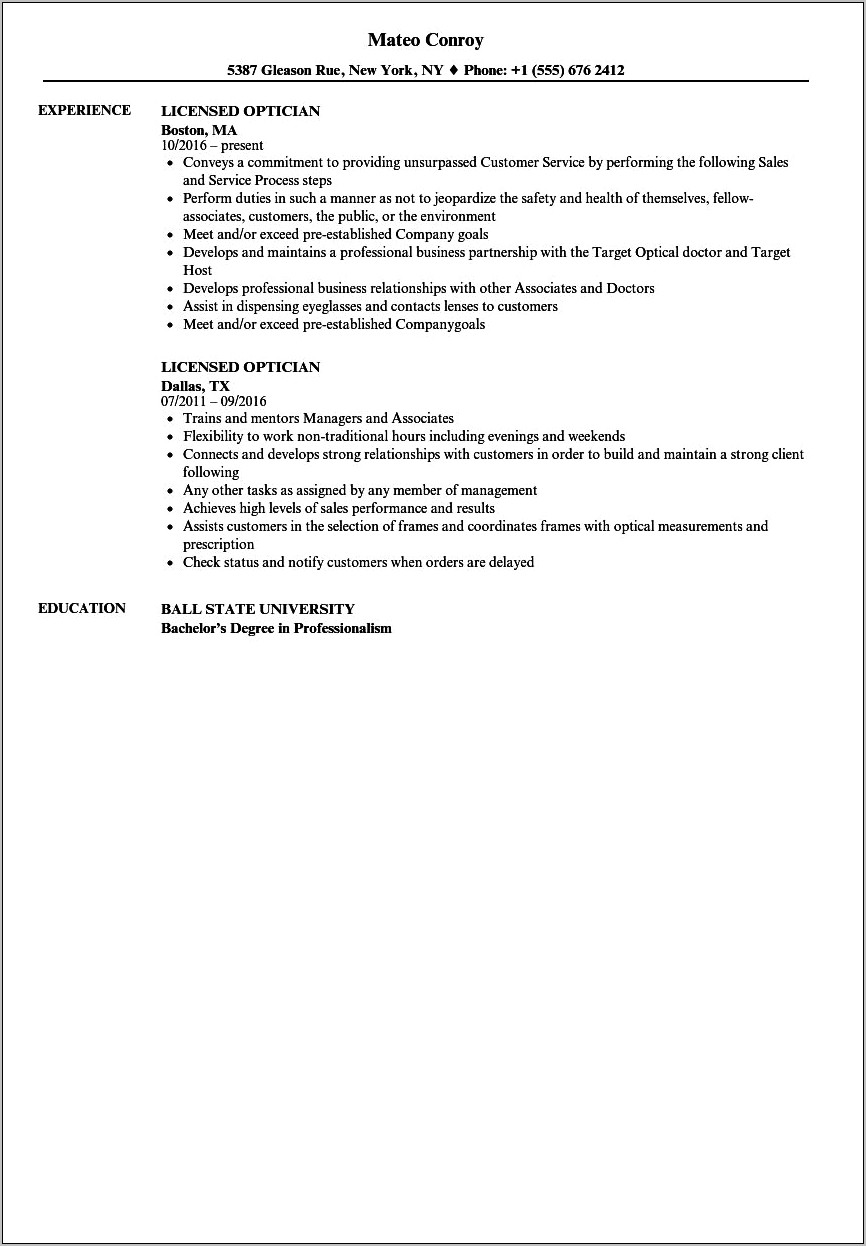Optometric Technician Job Description Resume