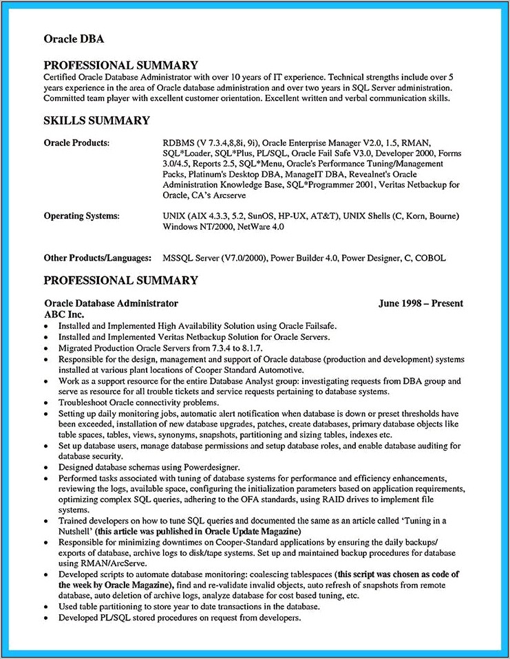 Oracle Dba Resume Free Download