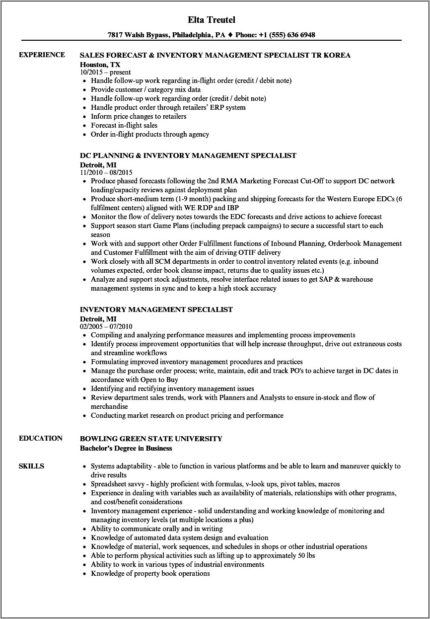 Order Management Specialist Resume Sample