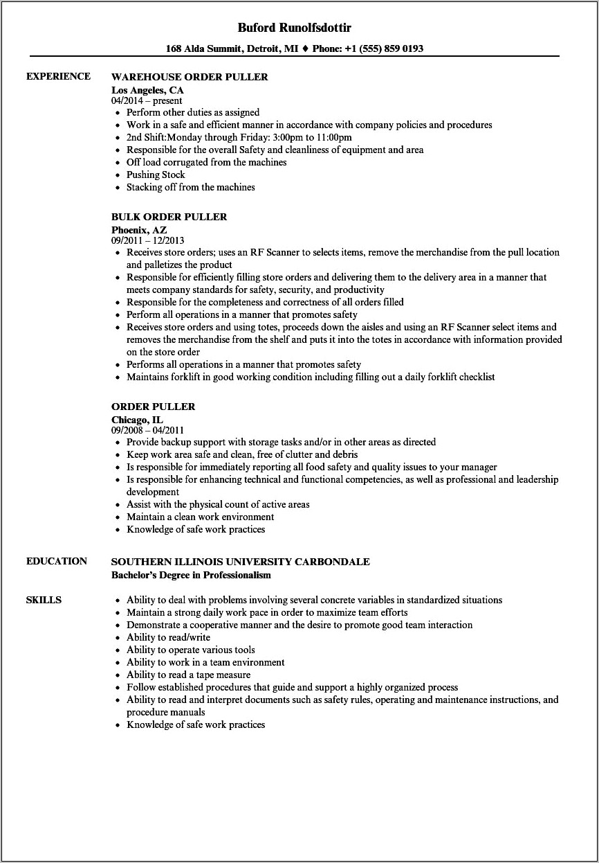 Order Puller Job Description Resume