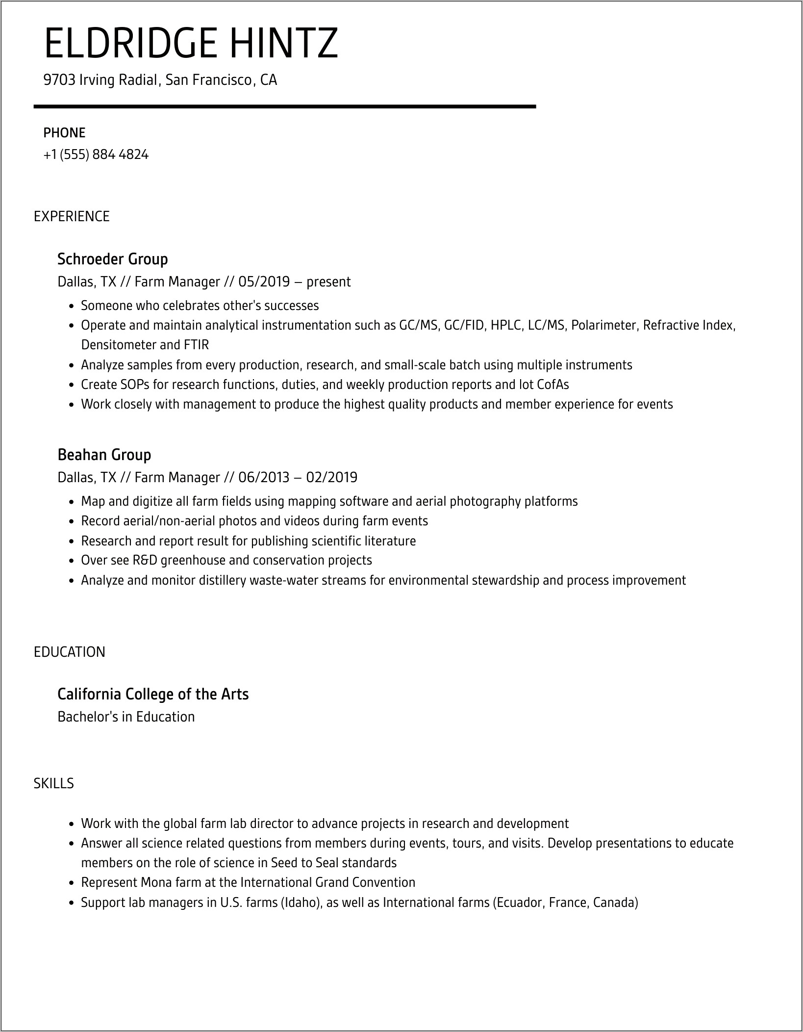 Organic Farm Manager Resume Examples