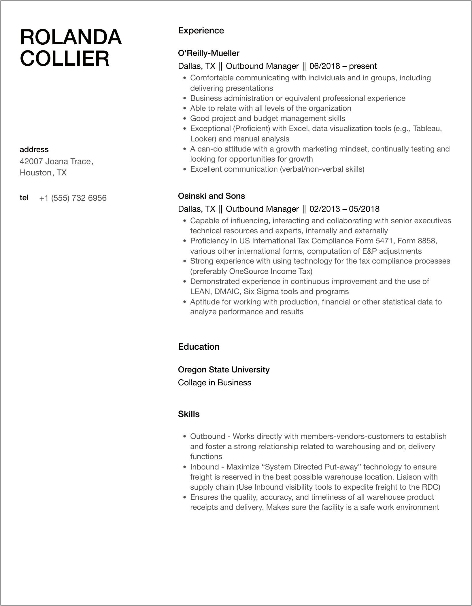 Outbound Operations Manager Resume Description