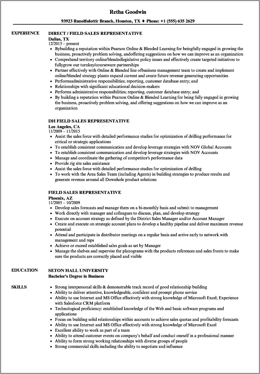 Outdoor Sales Representative Resume Sample