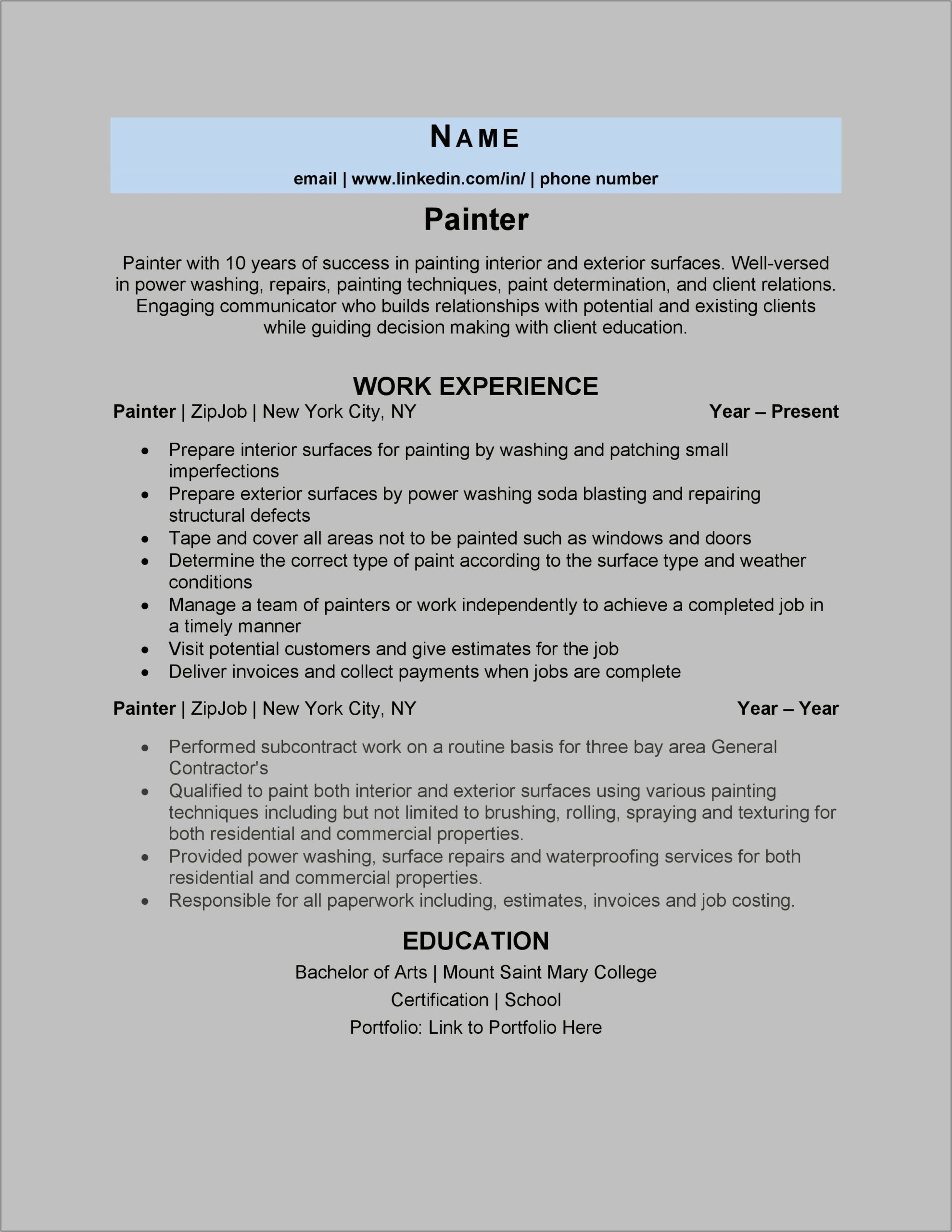 Painter Job Duties For Resume