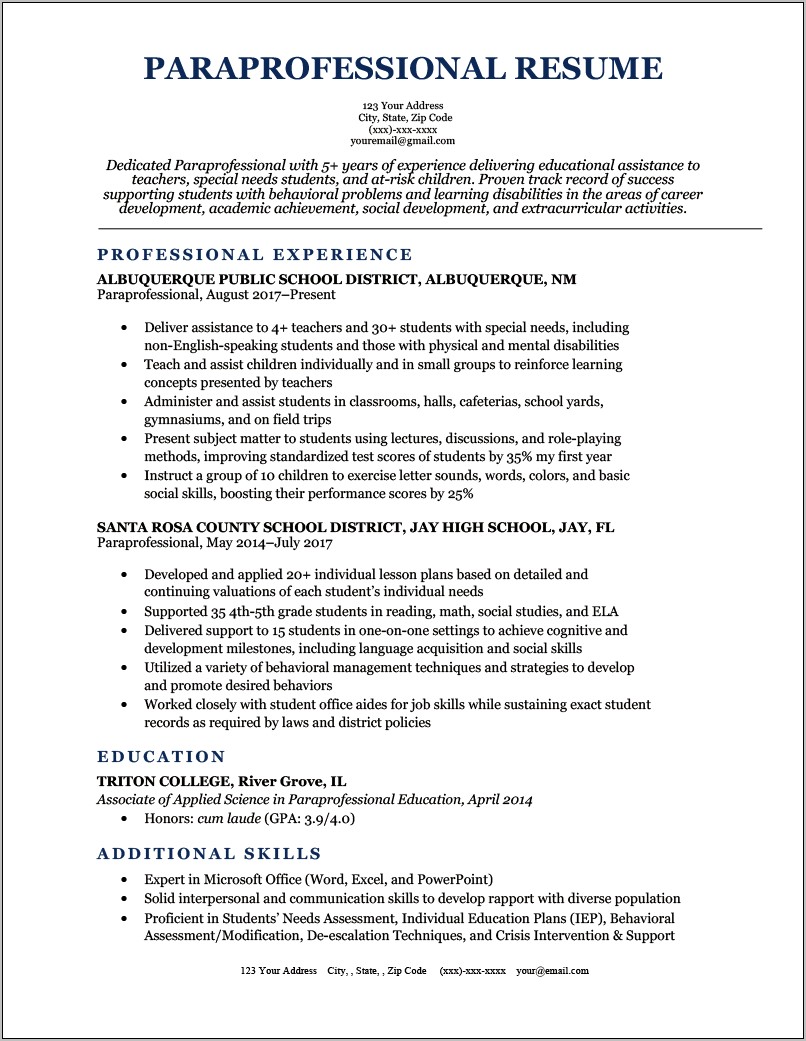 Paraprofessional Resume Cover Letter Examples