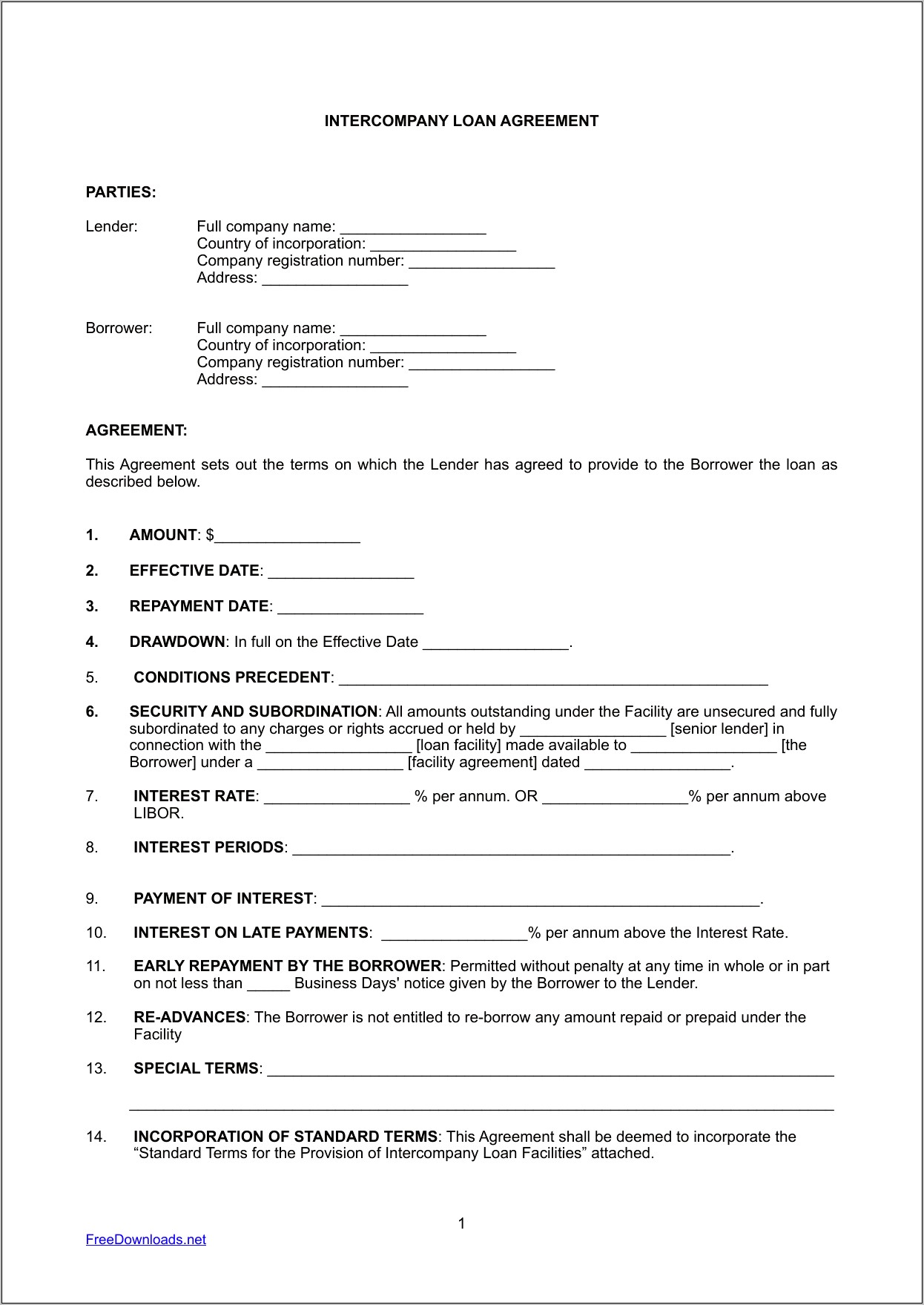 Parents One Page Loan Agreement Template Free