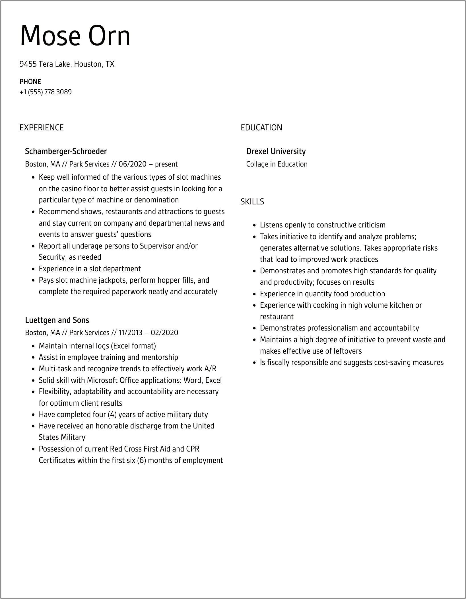 Parks Maintenance Staff Sample Resume