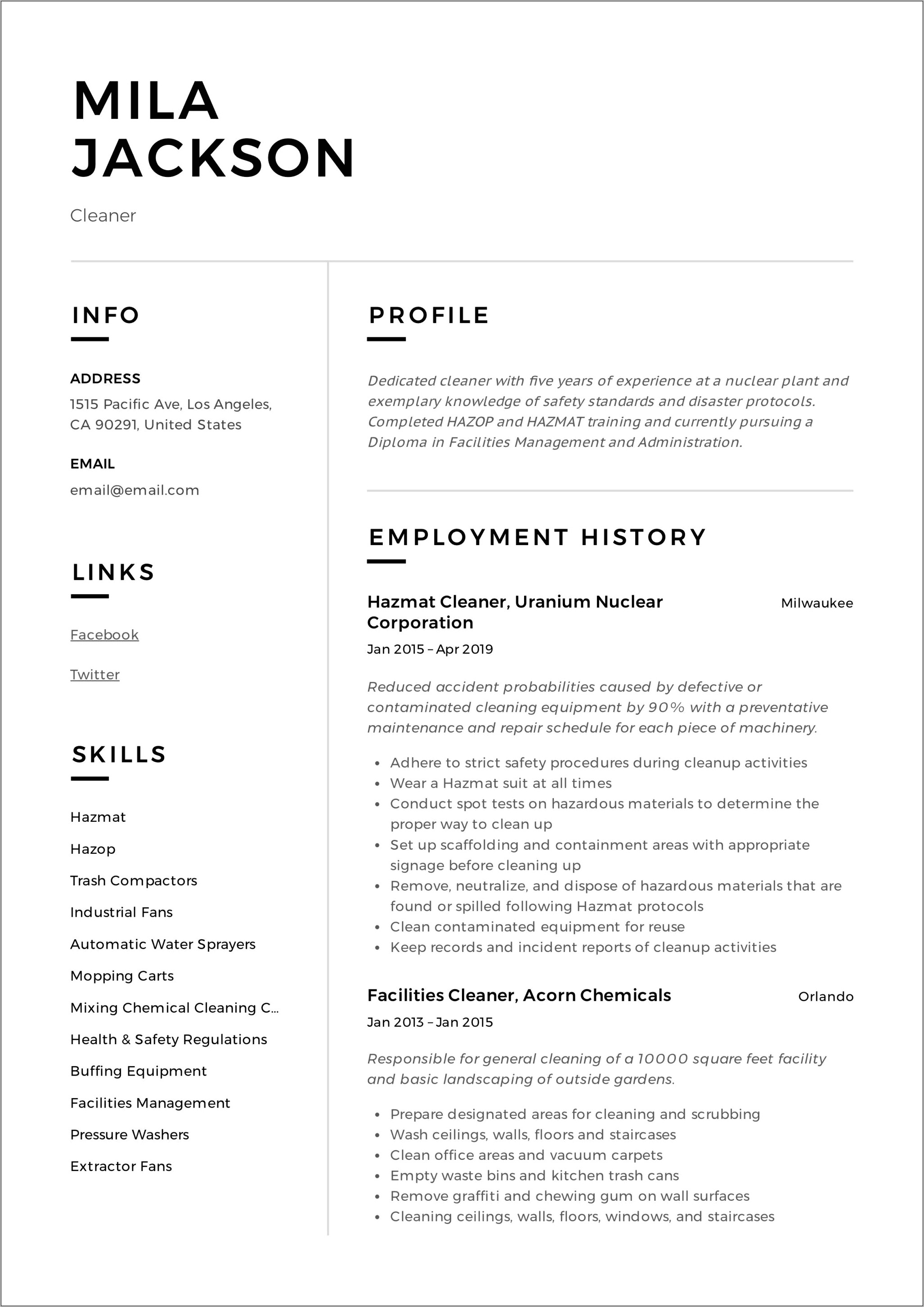 Part Time Cleaner Resume Sample