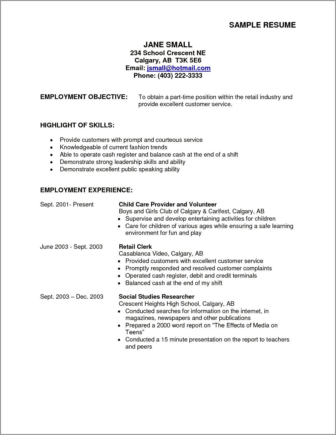 Part Time Retail Resume Sample