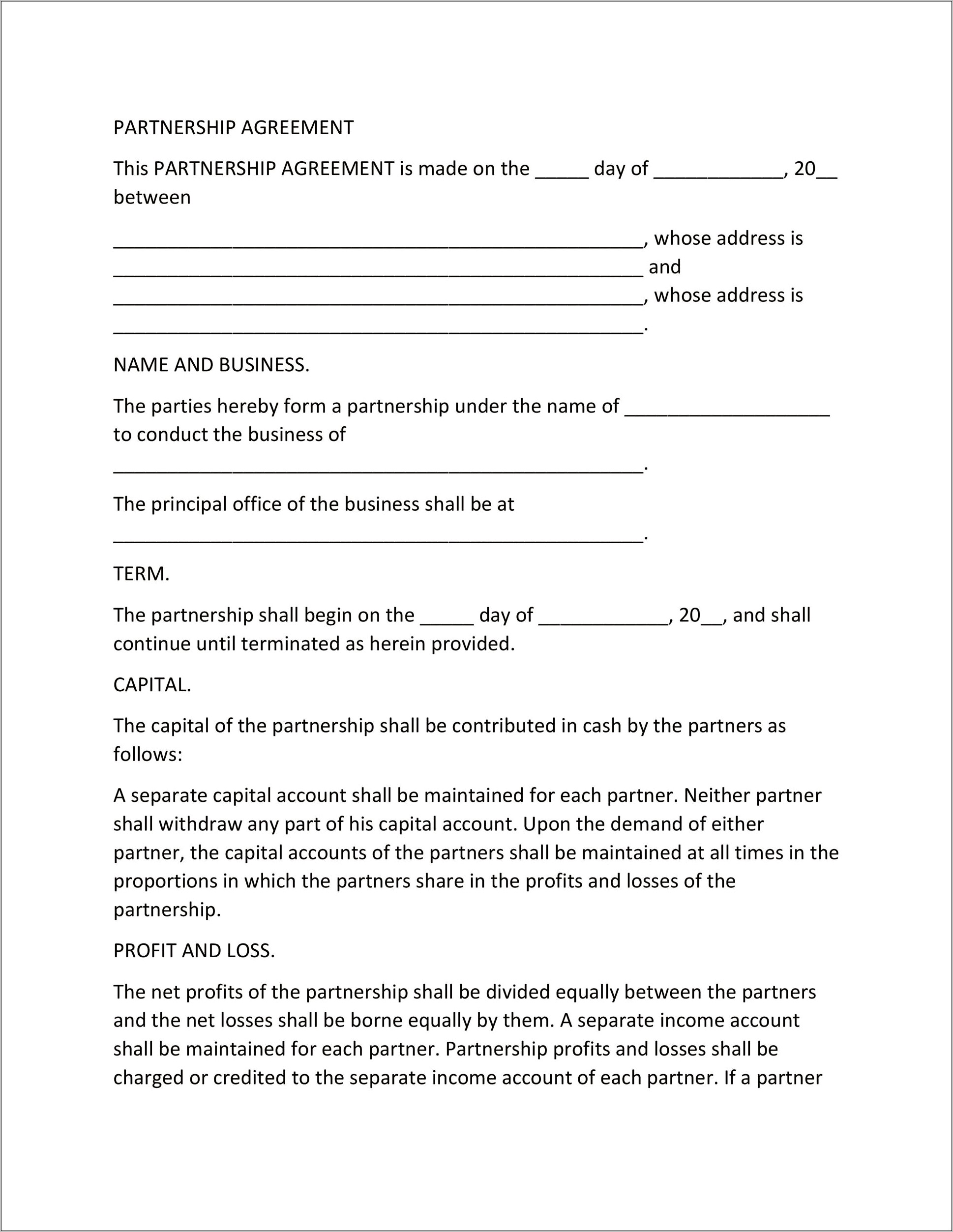 Partnership Agreement Template Free Download Uk