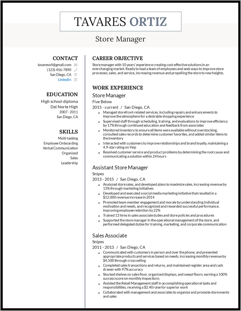 Parts Store Manager Resume Sample