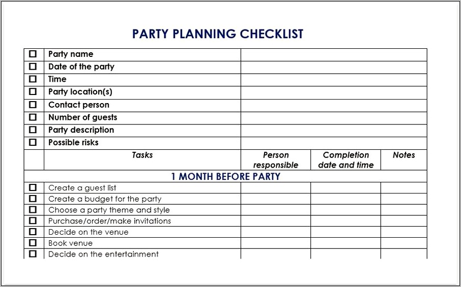 Party Planning Template Excel Free Download