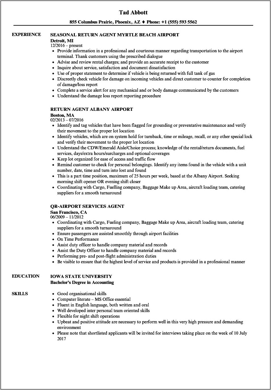 Passenger Service Agent Resume Sample