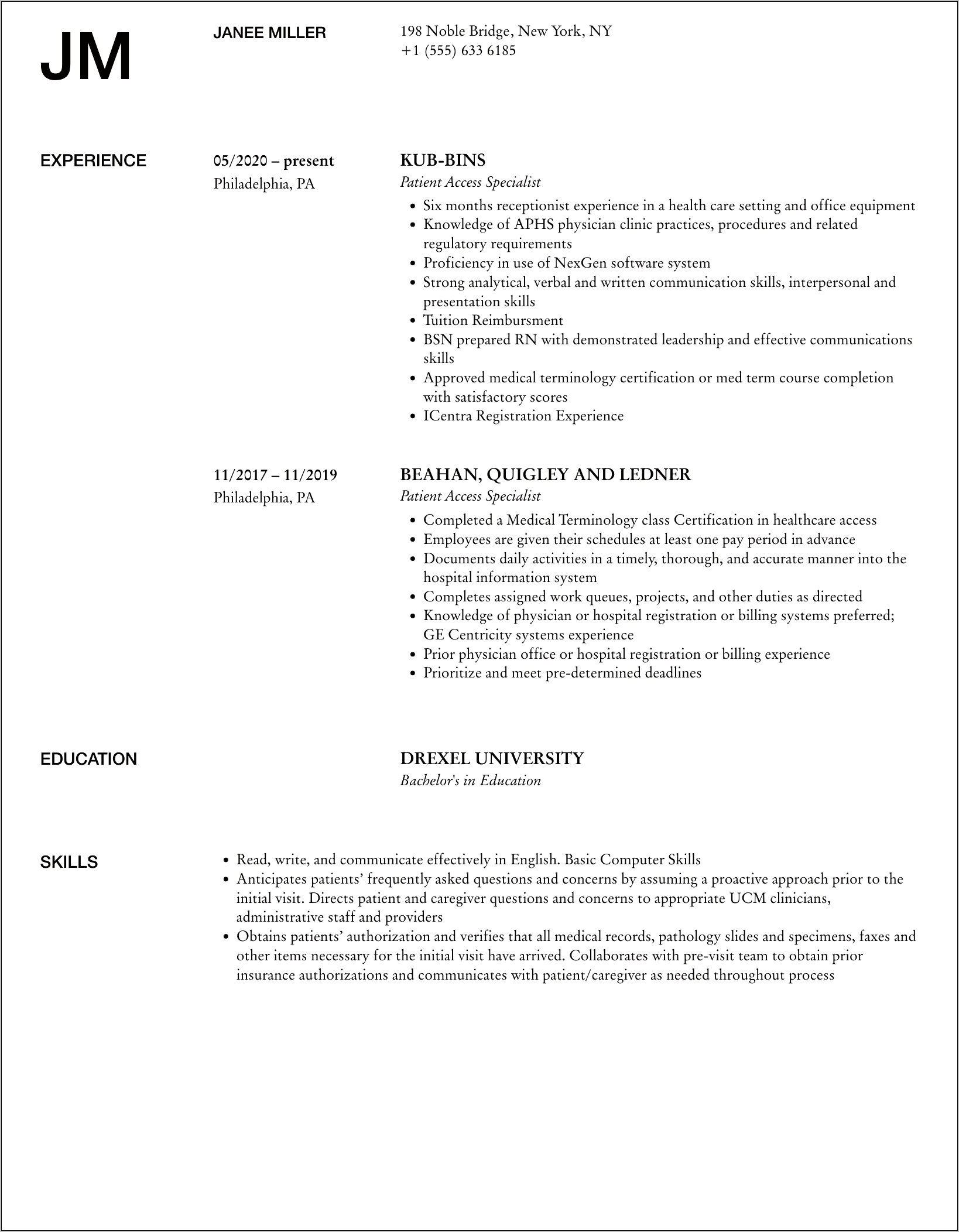 Patient Access Specialist Resume Sample