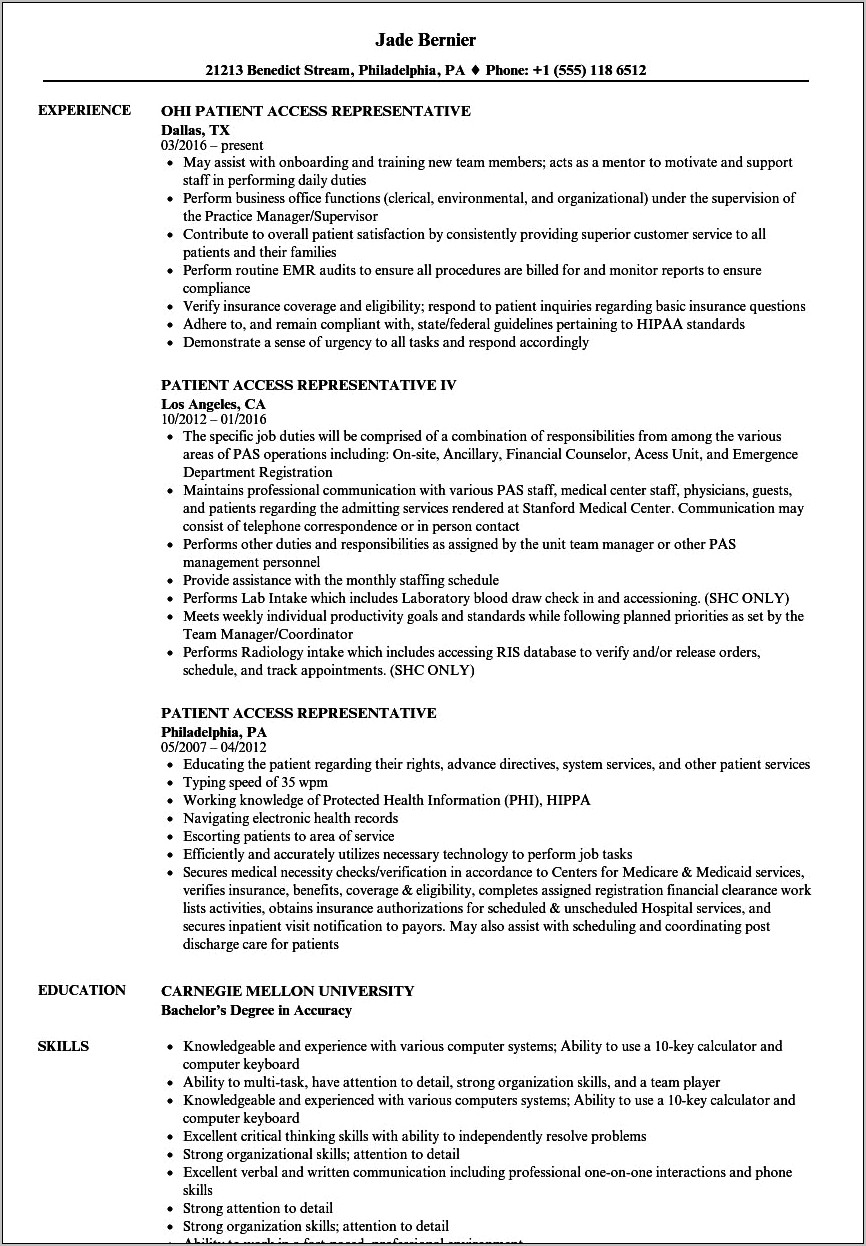 Patient Account Representative Resume Sample